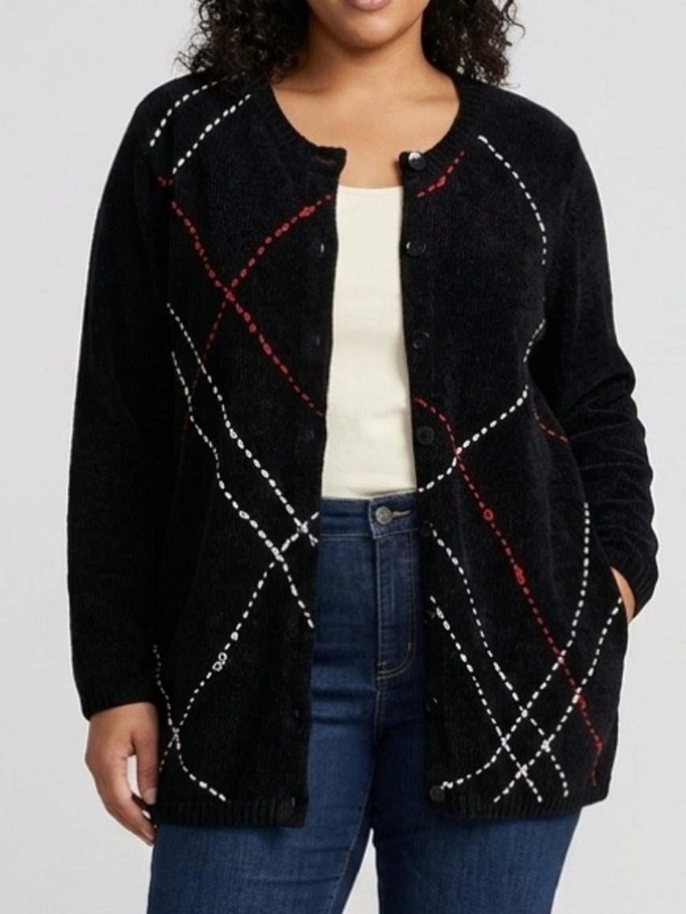 PENNINGTONS Black Button Front Cardigan With Red and White Geometric Design 1X